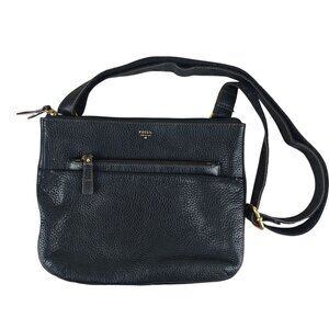 Vintage Fossil Black Pebbled Leather Crossbody Bag With Adjustable Strap